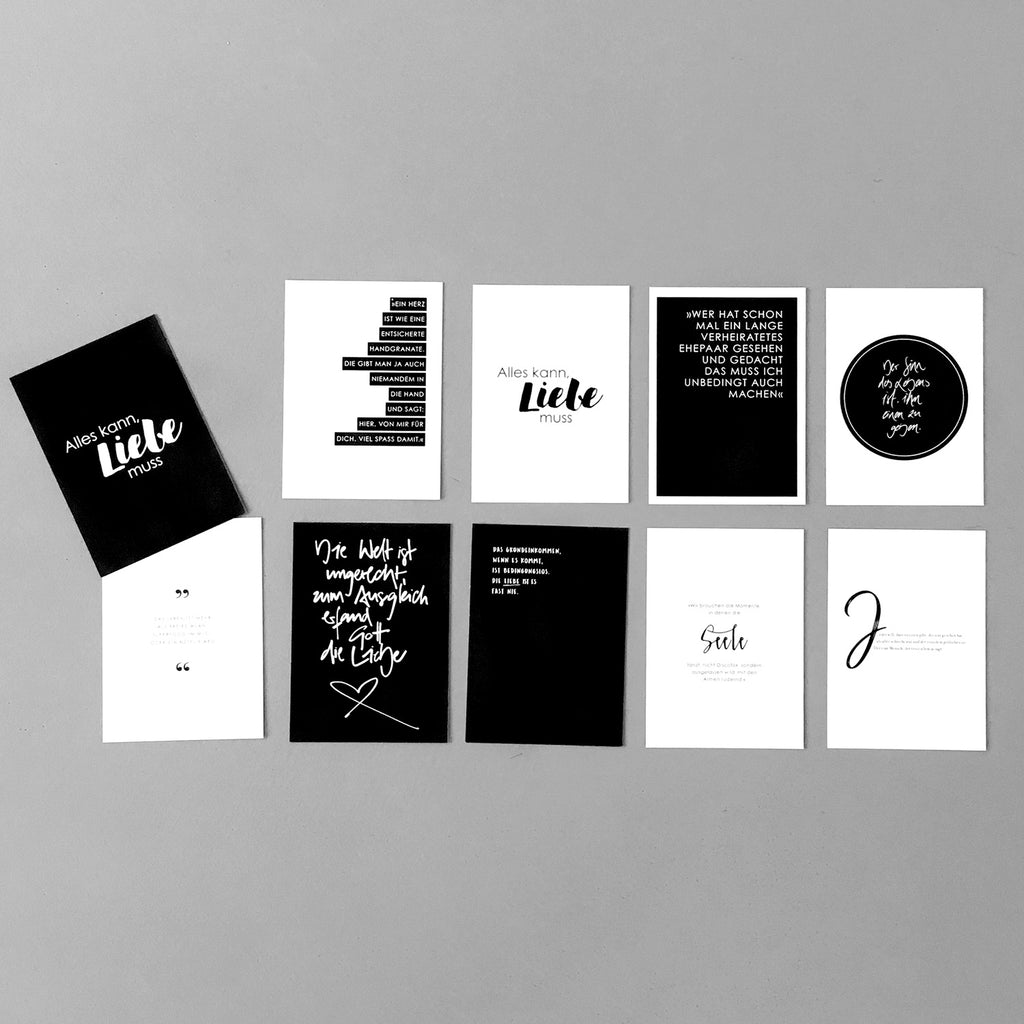 10 Postkarten mit Zitaten aus dem Buch "Alles kann, Liebe muss" in schwarz-weiß