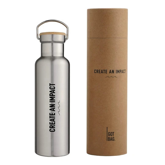 Edelstahl Thermosflasche Freisteller, mit braunem, zylindrischen Verpackungskarton