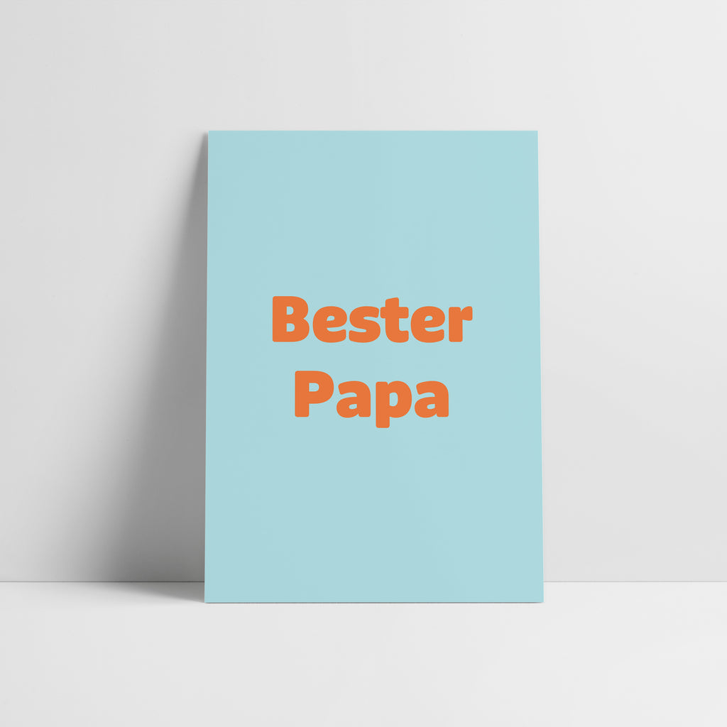 Hellblaue Postkarte mit Text "Bester Papa" in orange