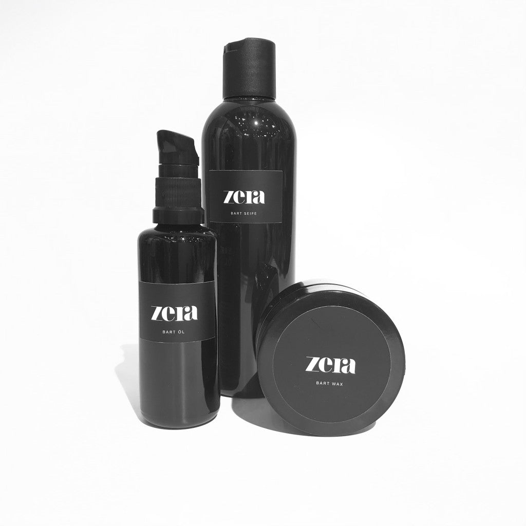Bartpflege-Set, bestehend aus Bartöl, Bartseife und Bartwachs, 2 schwarze Flaschen, ein schwarzer Tiegel