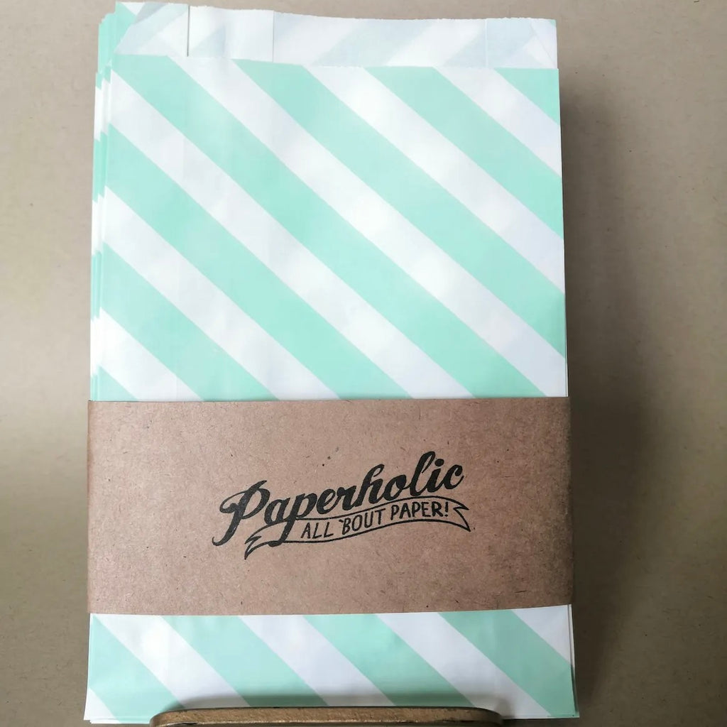Candy Bag mint-weiß diagonal gestreift mit brauner Banderole