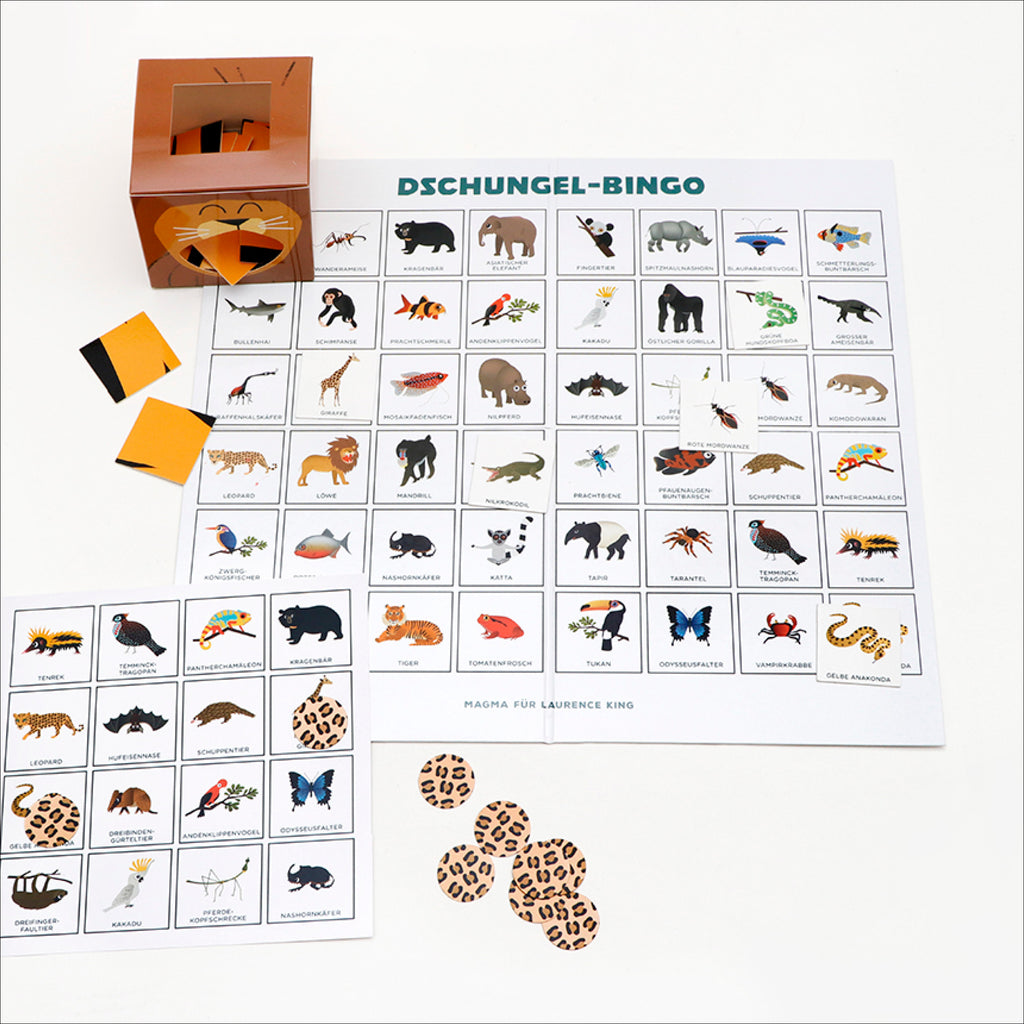 Dschungel-Bingo, Spielbrett, Bingo-Karte, Plättchen, Tierkarten, Box