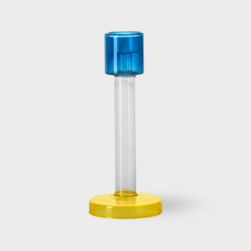 Glas-Kerzenständer in blau, transparent, gelb