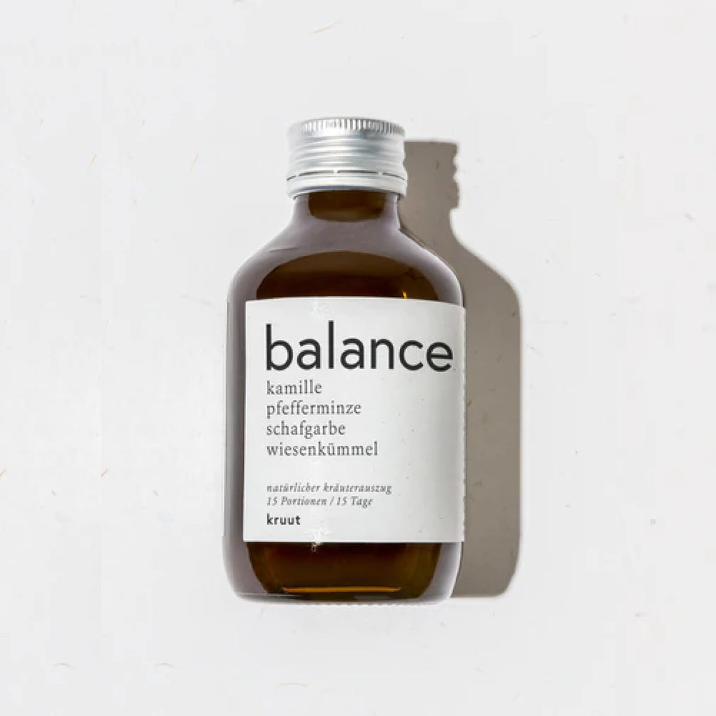 Kruut Balance, braune Flasche mit silbernem Deckel, weißes Etikett mit schwarzer Schrift, 15 Portionen