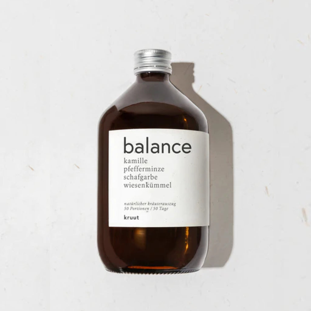 Kruut Balance, braune Flasche mit silbernem Deckel, weißes Etikett mit schwarzer Schrift, 50 Portionen