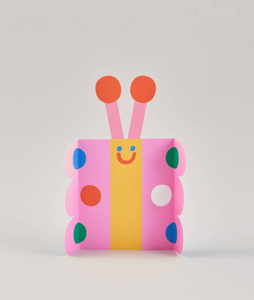 Schmetterlings-Klappkarte zum Kindergeburtstag in pink mit Punkten in verschiedenen Farben