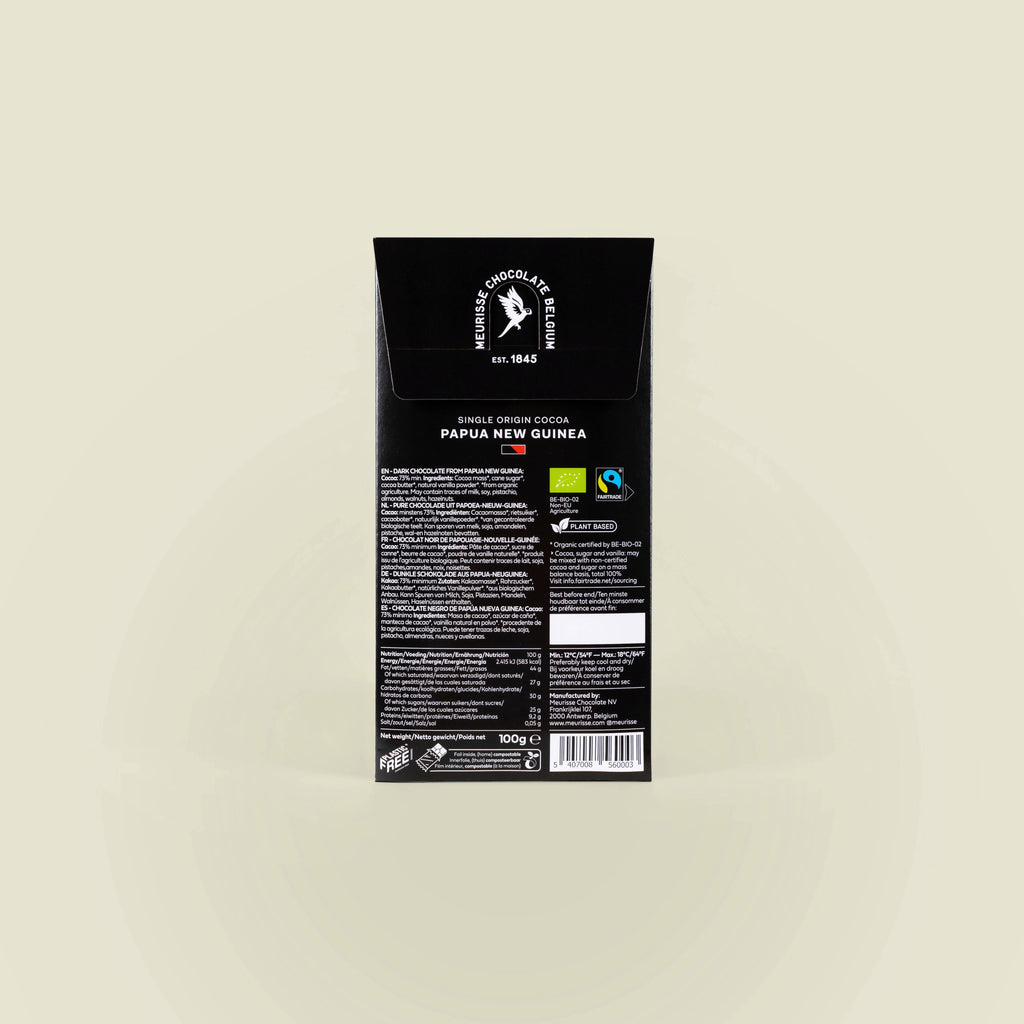 Dunkle Bio-Schokolade aus Papua-Neuguinea X Vegan, Verpackungsrückseite