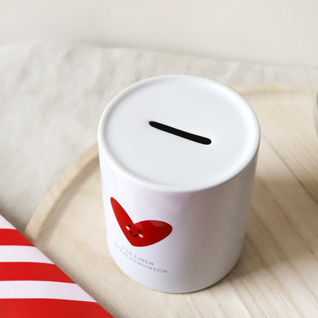 Herz X Spardose, von schräg oben fotografiert