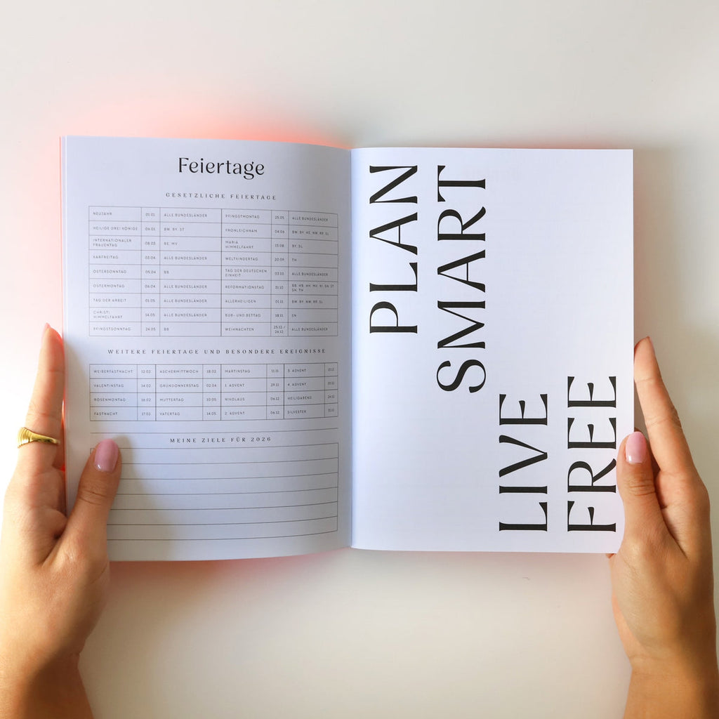 Monatskalender 2026 X Neonpink, Blick in den Kalender, Übersicht Feiertage