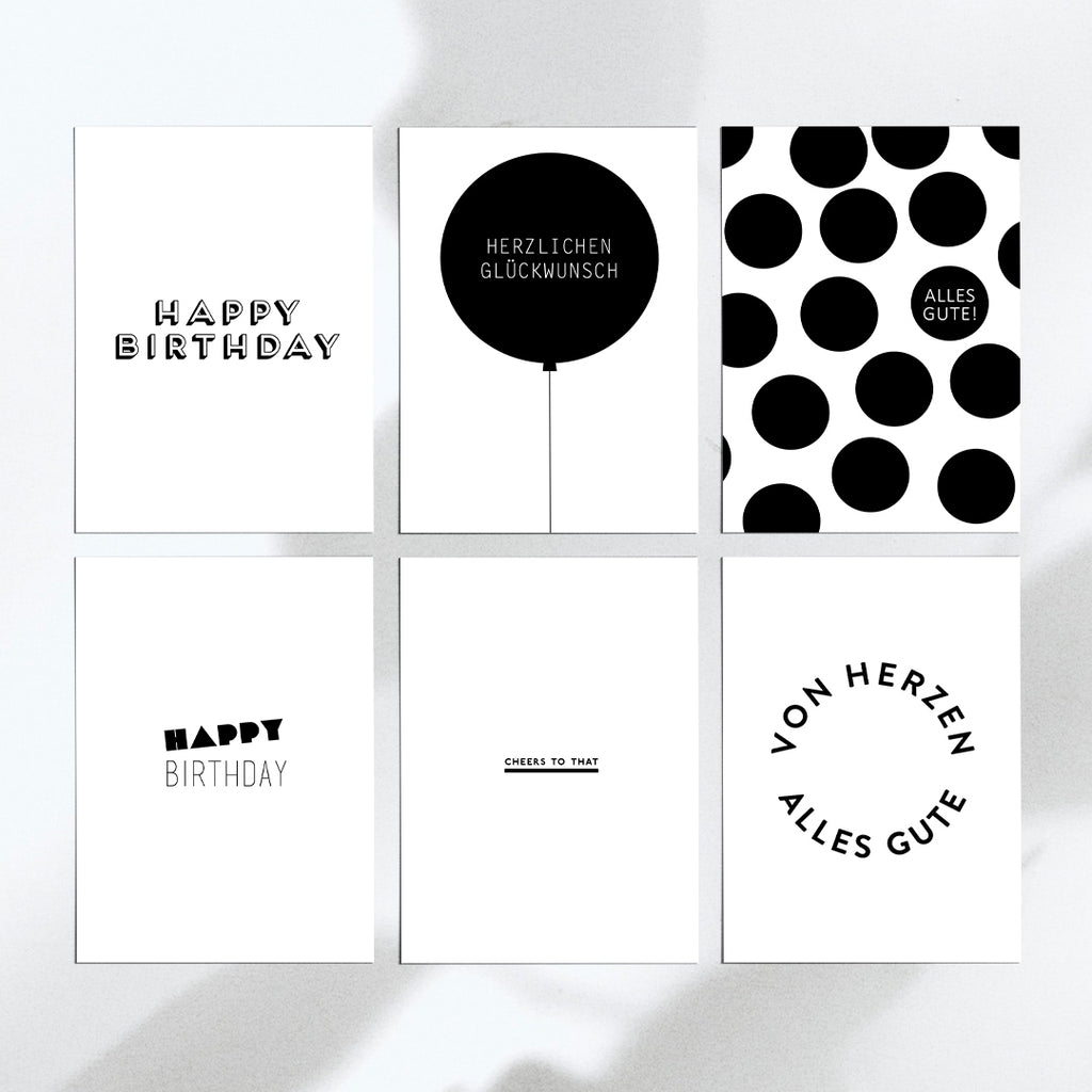 6 Postkarten in schwarz-weiß mit den Texten: Happy Birthday, Herzlichen Glückwunsch, Alles Gute!, Happy Birthday, cheers to that, von Herzen alles Gute