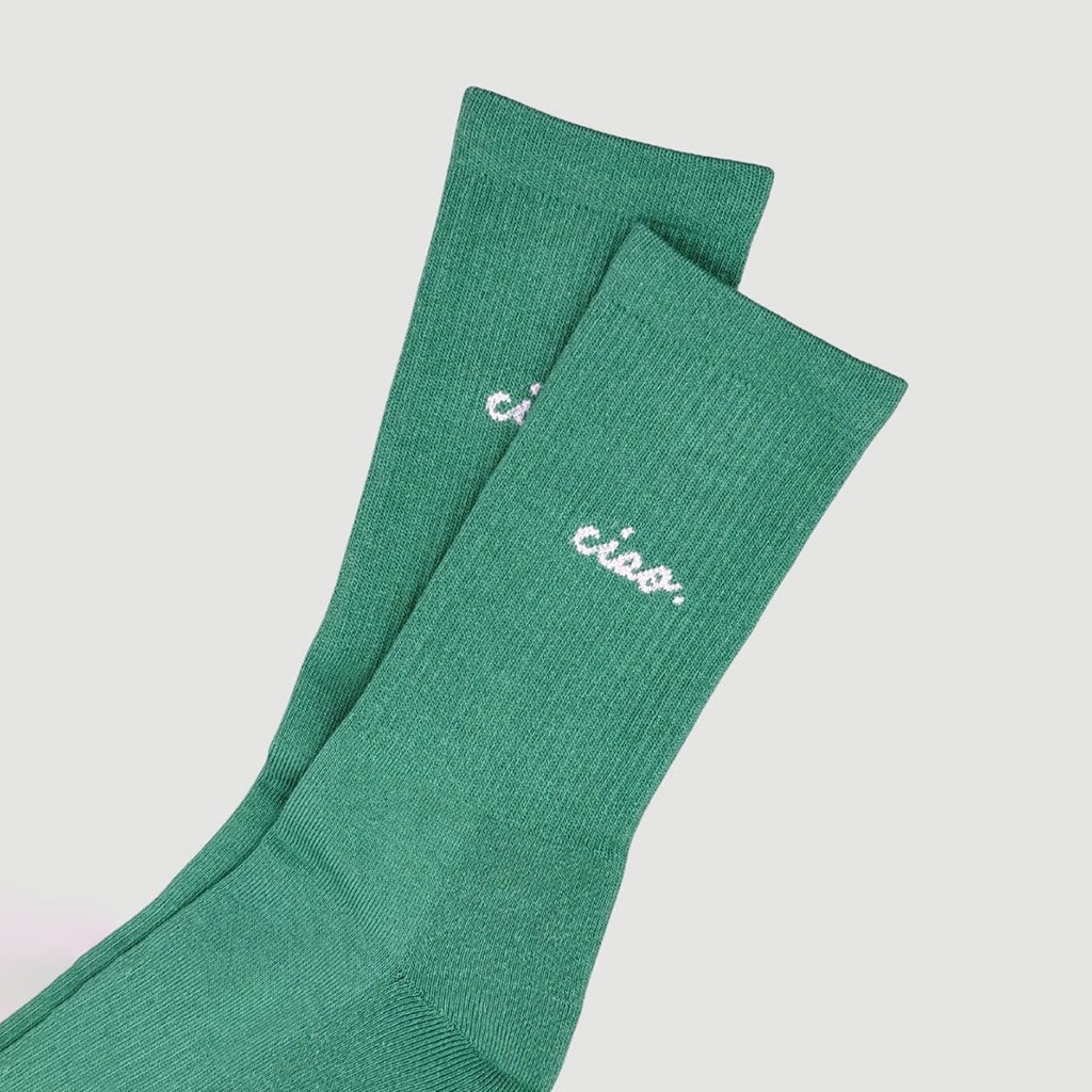 Ciao X Italian Socks in grün mit weißem Schriftzug in Schreibschrift