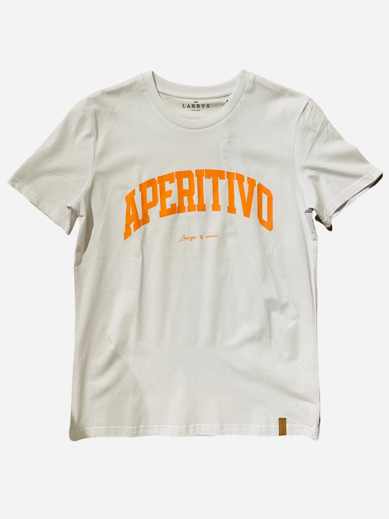 Weißes T-Shirt mit orangenem Print "Aperitivo" auf der Brust im College-Style